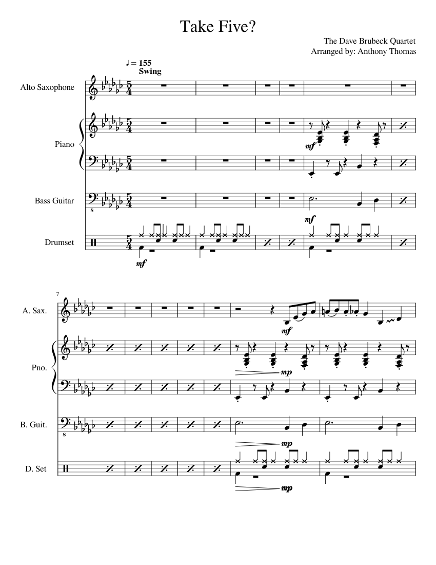 Take Five? Sheet music for Piano, Drum Group, Saxophone (Alto), Bass ...
