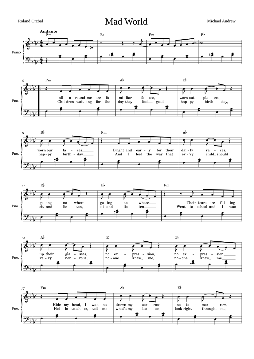 Mad world Piano sheet music for Piano download free in PDF or MIDI