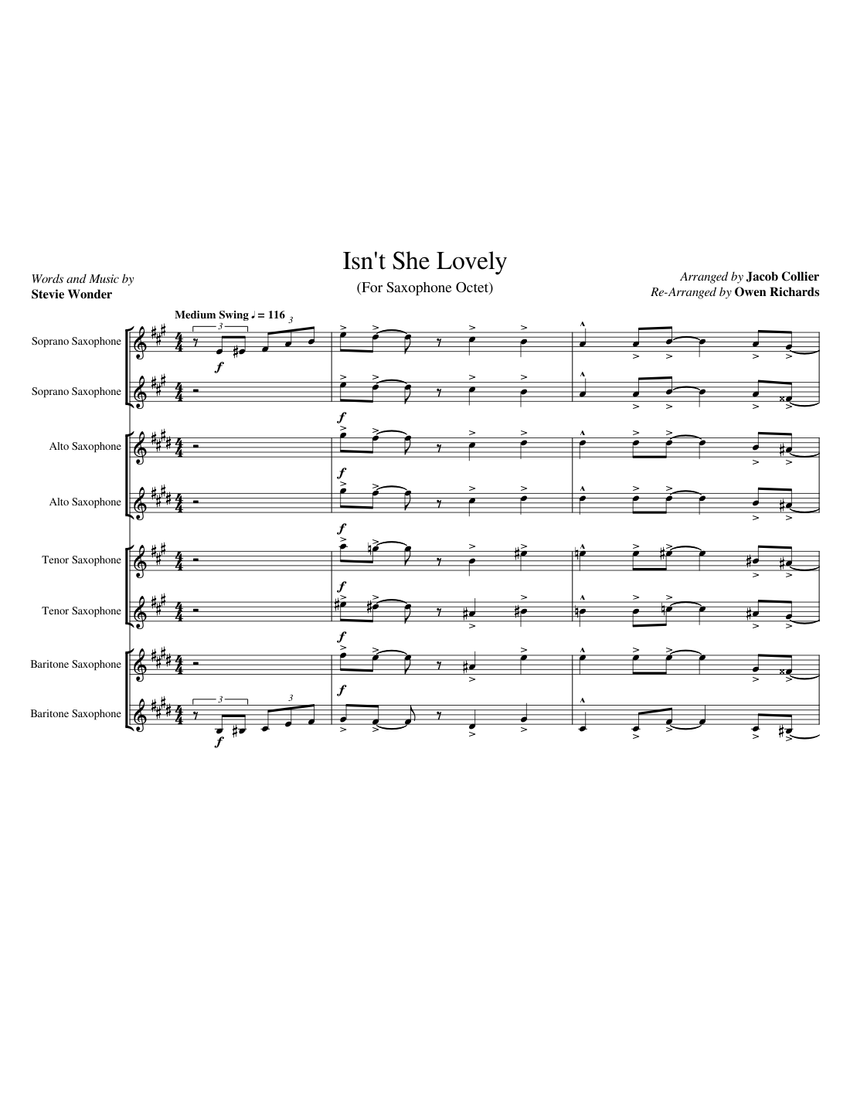 Jacob Collier Isn't She Lovely Sax Octet Sheet music for Saxophone
