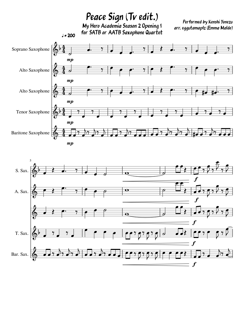 Peace Sign T V Edit Saxophone Quartet Arrangement Sheet Music For 