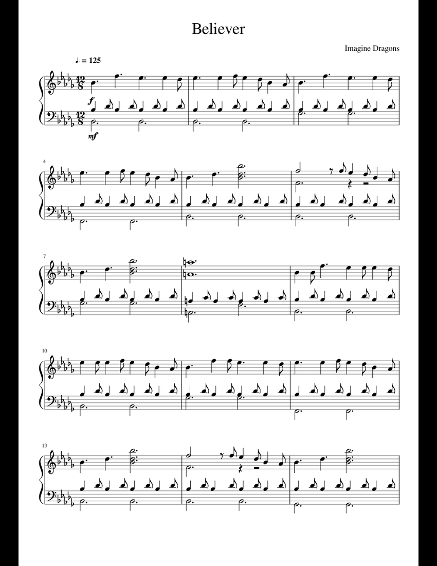 Believer Imagine Dragons sheet music for Piano download free in PDF or MIDI