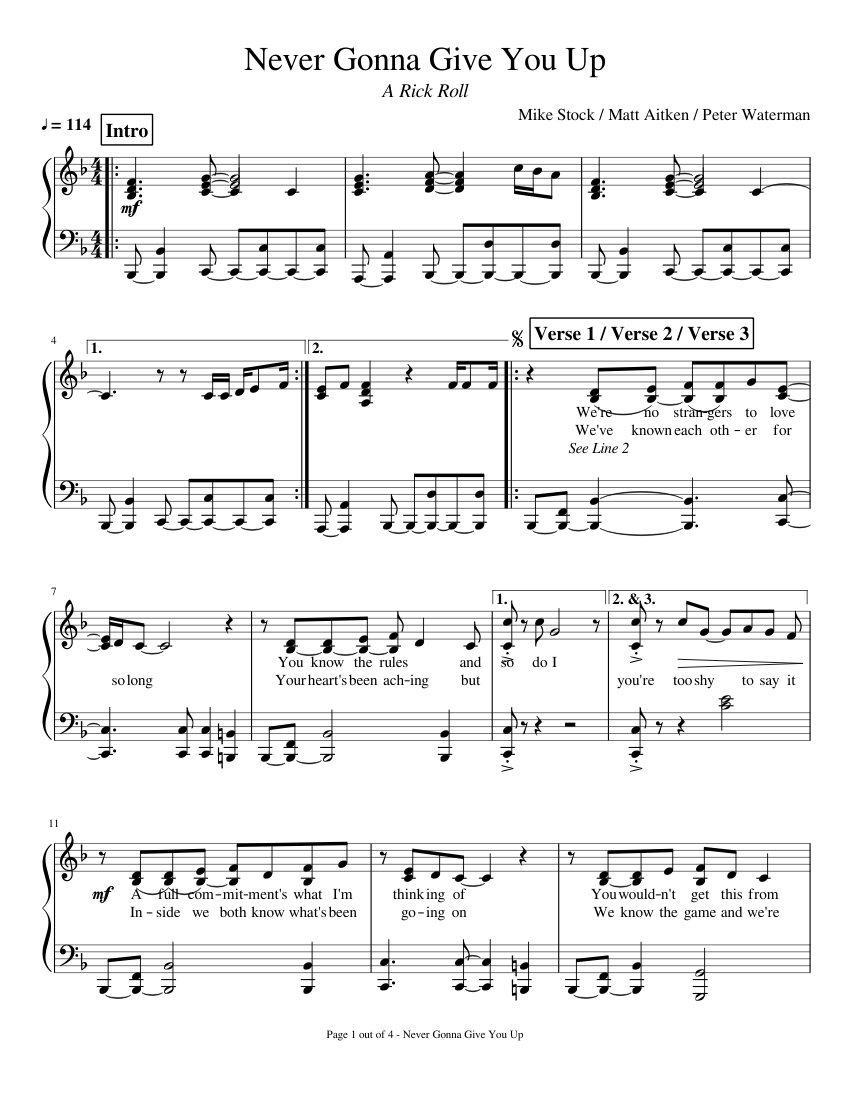 Never Gonna Give You Up Sheet Music For Piano Download Free In
