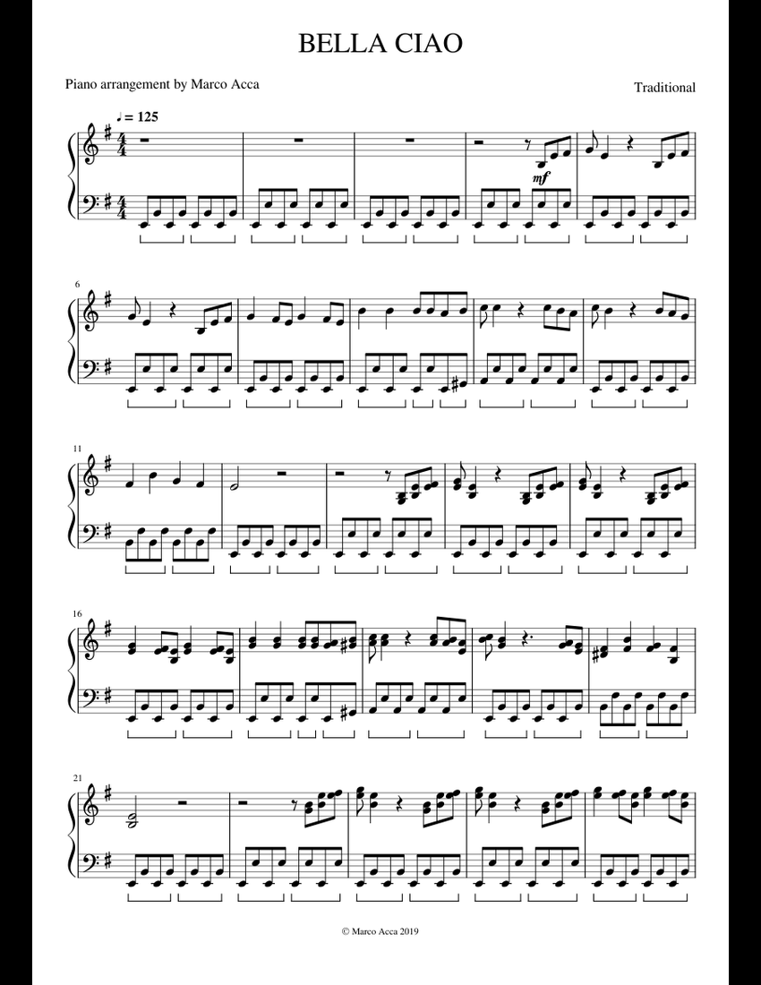 BELLA CIAO sheet music for Piano download free in PDF or MIDI