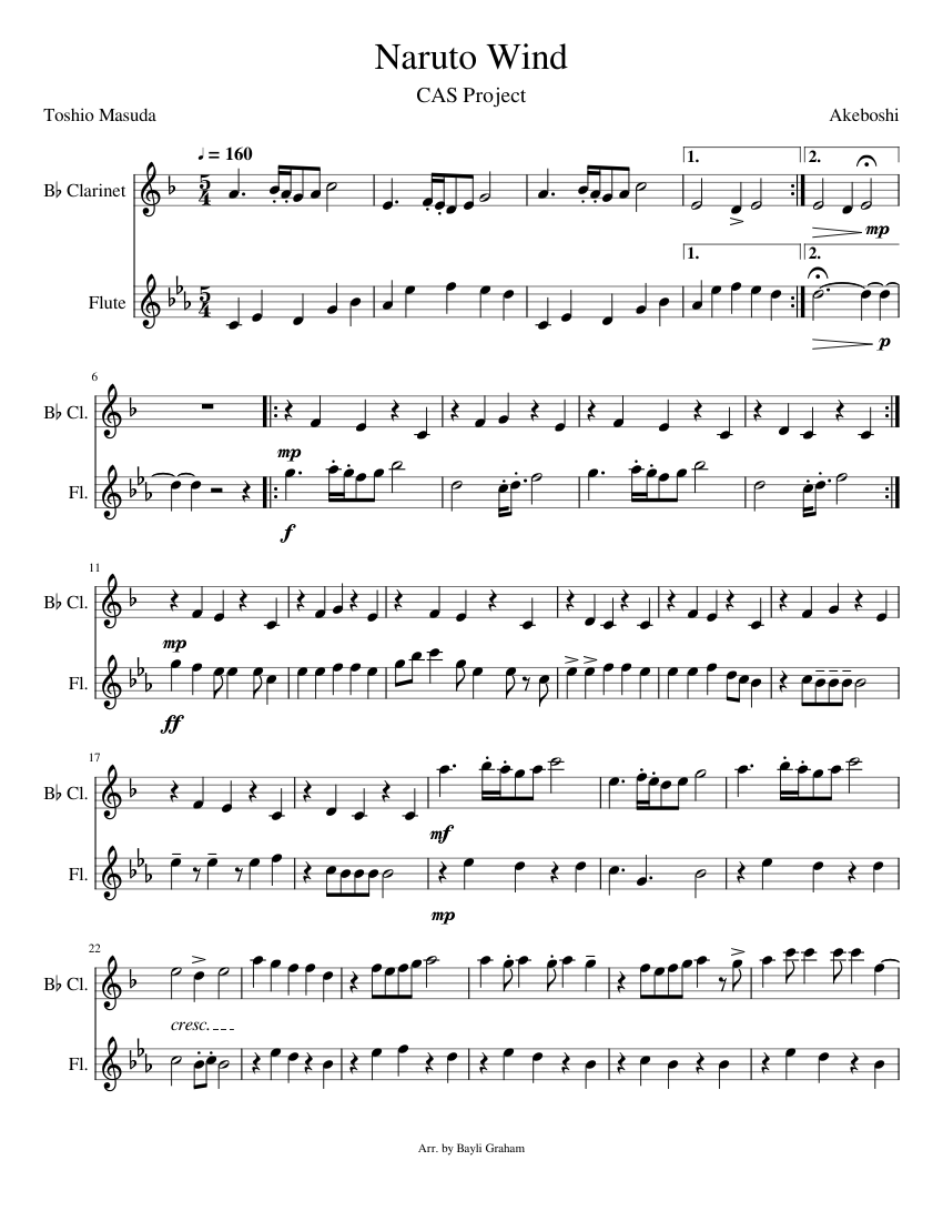 Naruto_Wind muscore Sheet music for Flute, (In B Flat) (Woodwind Duet)
