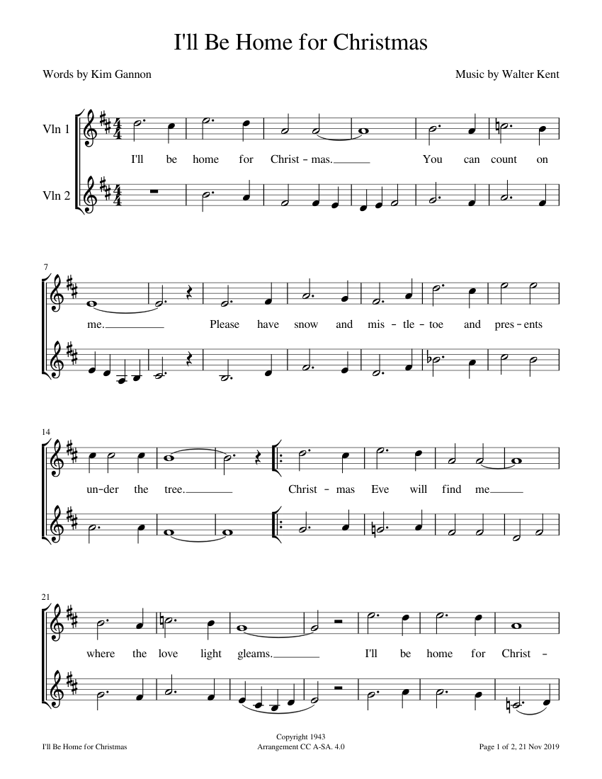 I'll Be Home for Christmas Sheet music for Violin (String Duet ...