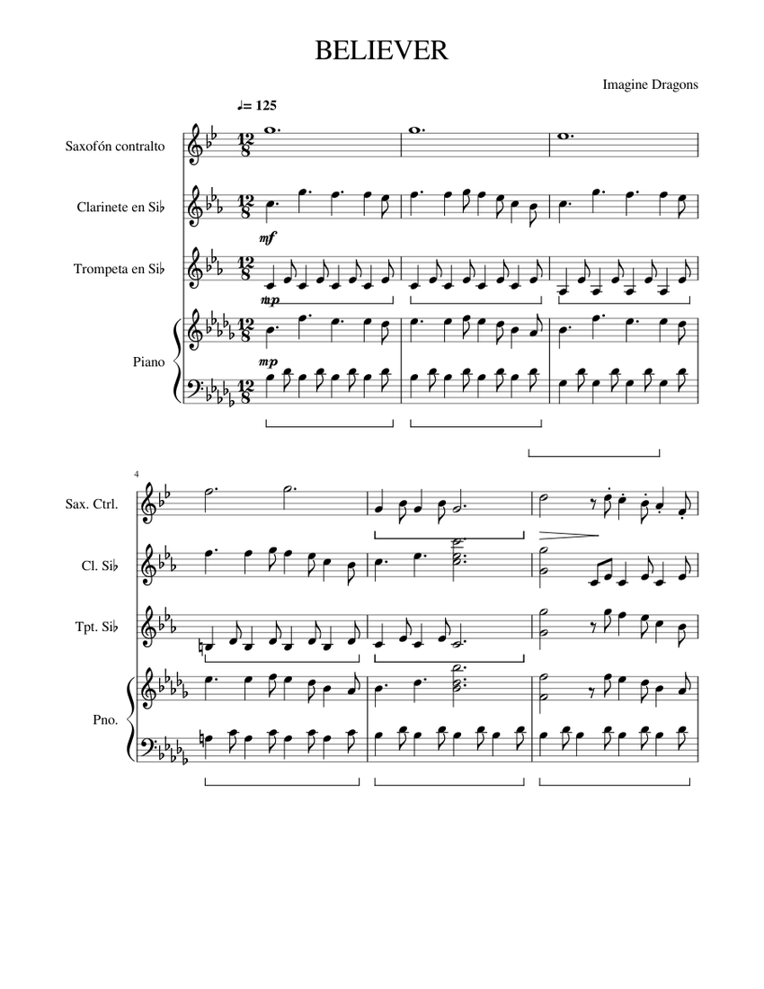BELIEVER Sheet music for Clarinet, Piano, Alto Saxophone, Trumpet ...