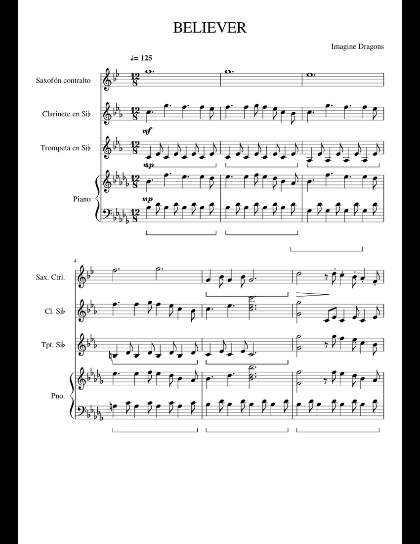 BELIEVER sheet music for Piano, Alto Saxophone, Trumpet download free in PDF or MIDI