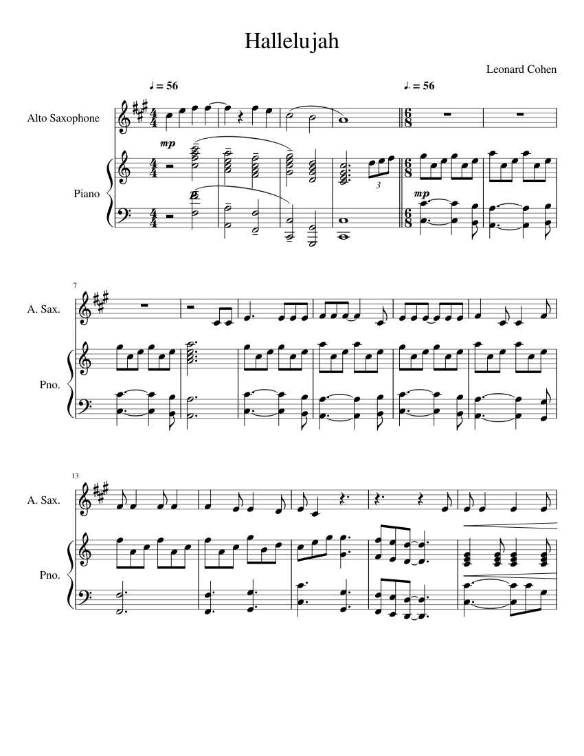 Hallelujah Alto Sax Sheet Music For Piano Saxophone Alto Solo
