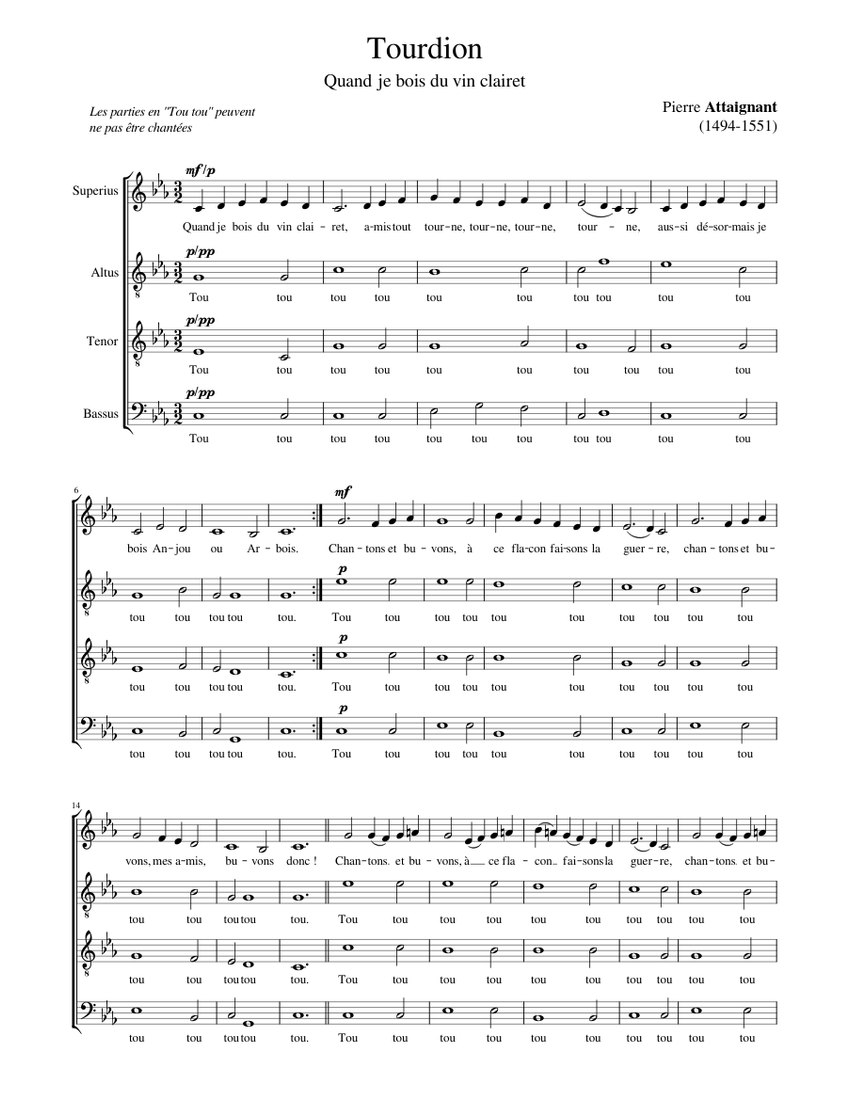 Tourdion quand Je Bois Du Vin Clairet Attaignant Sheet Music For tourdion-quand-je-bois-du-vin-clairet-attaignant-sheet-music-for