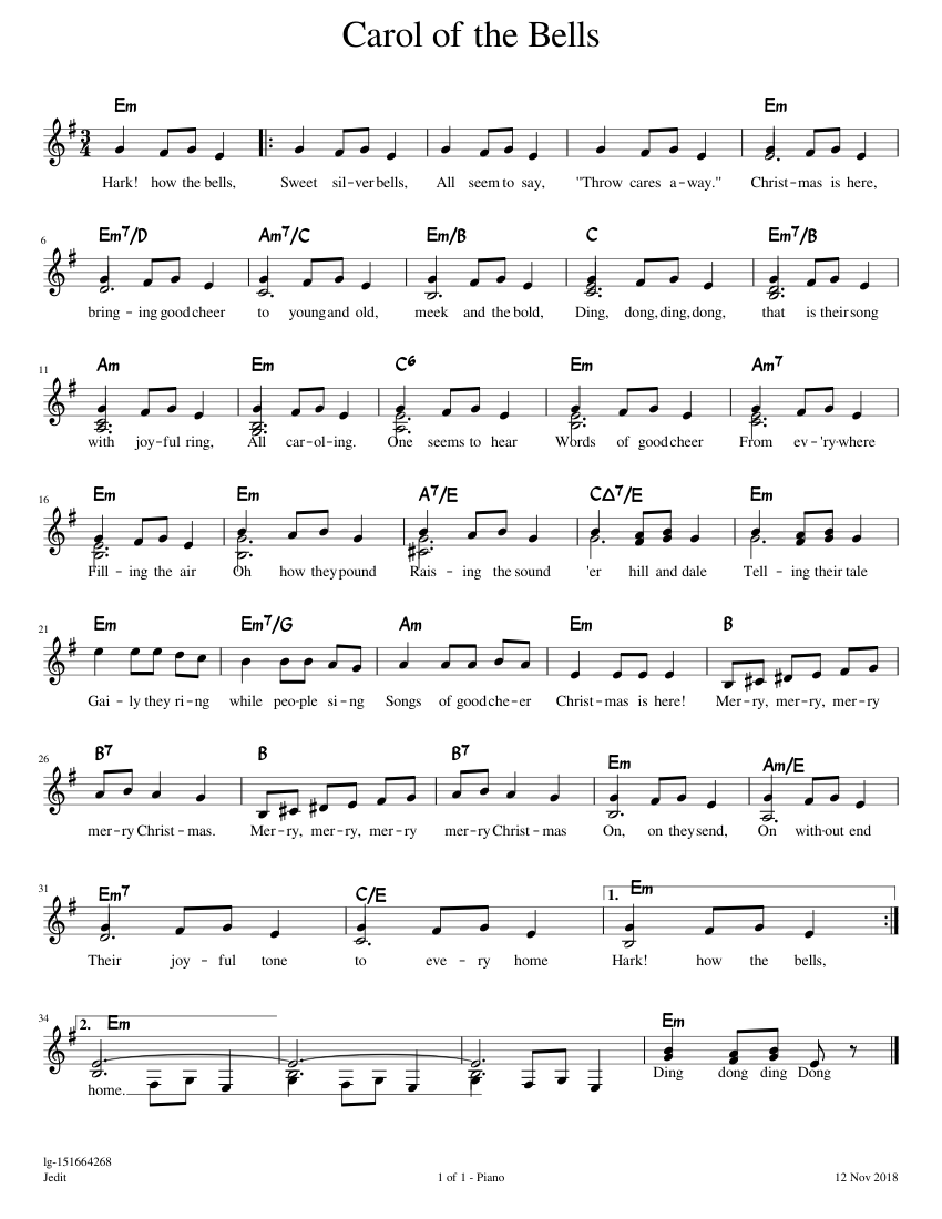 Carol of the Bells Sheet music for Piano (Solo) | Musescore.com