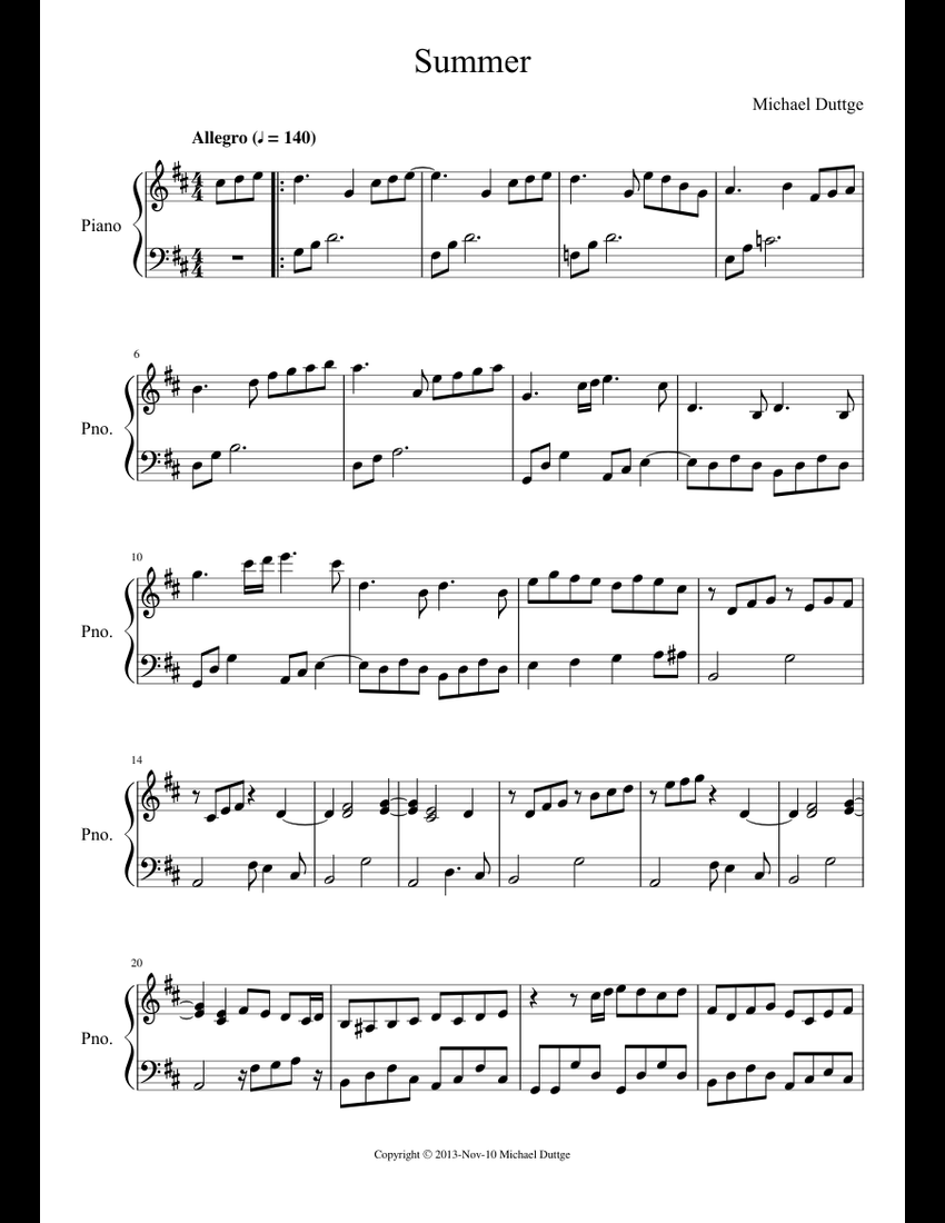 Summer sheet music for Piano download free in PDF or MIDI