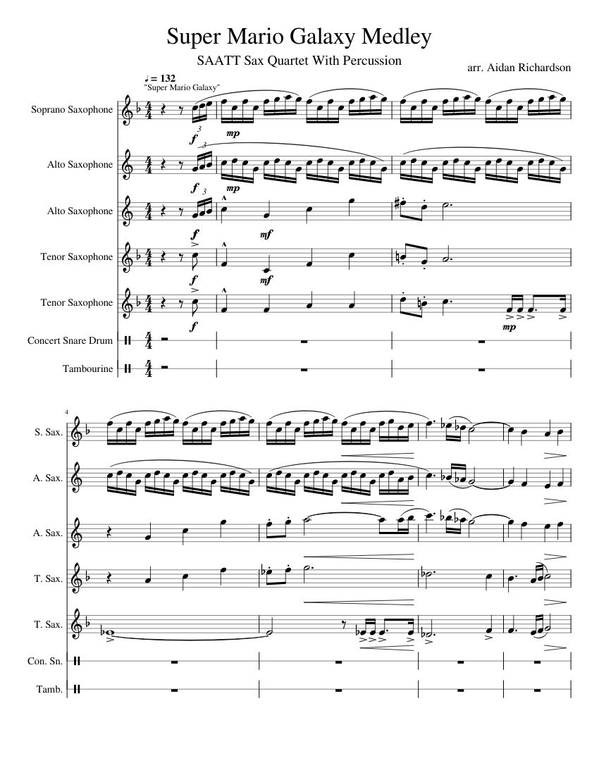 Super Mario Galaxy Medley for 5 Saxes (WIP) sheet music for Soprano ...