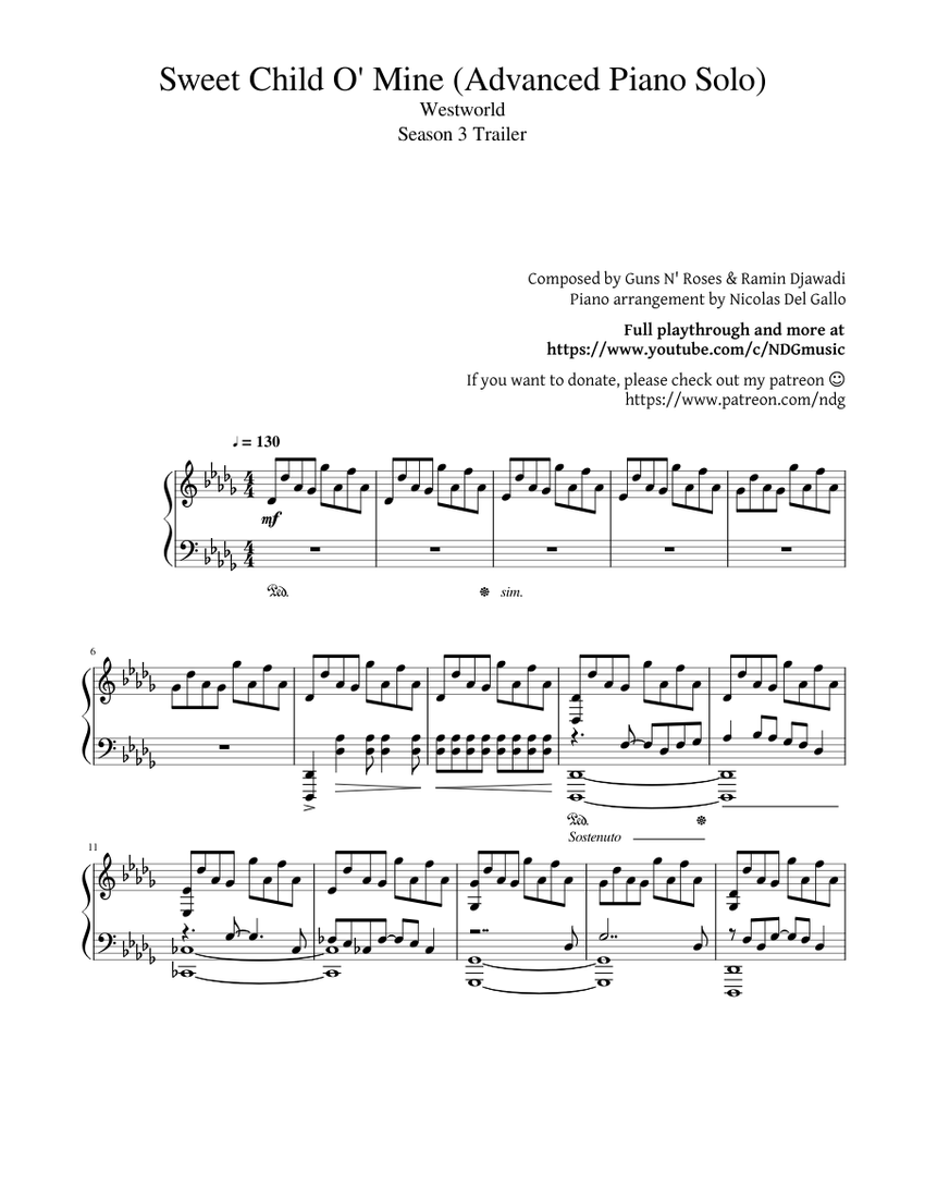 Sweet Child O' Mine (Advanced Piano Solo) Sheet music for Piano (Solo