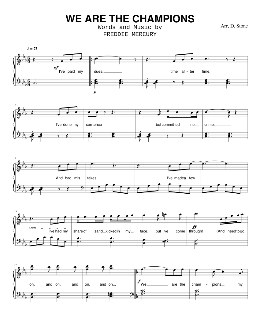 We Are the Champions sheet music for Piano, Percussion download free in