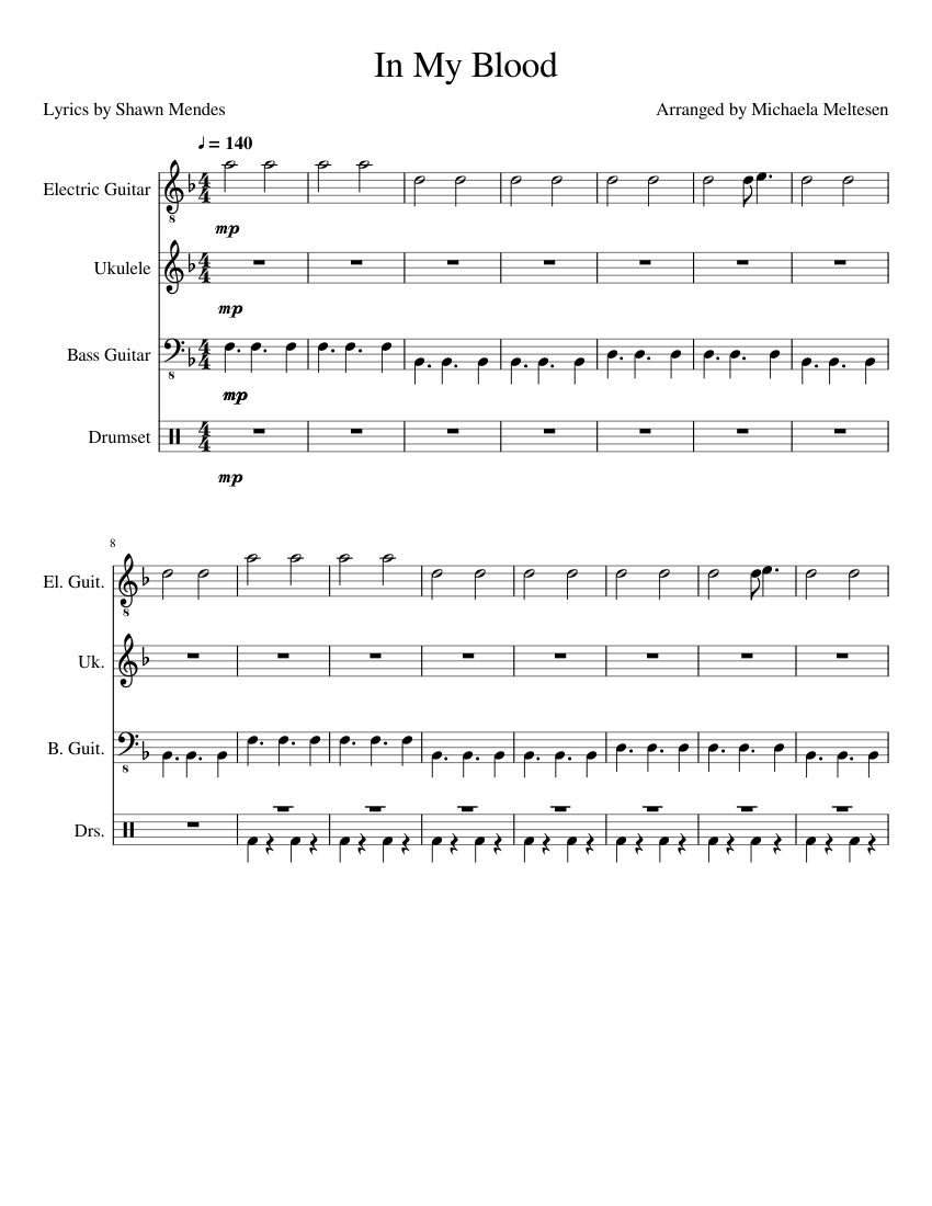 In My Blood Shawn Mendes Sheet Music For Drum Group Guitar Bass Ukulele Mixed Quartet Musescore Com