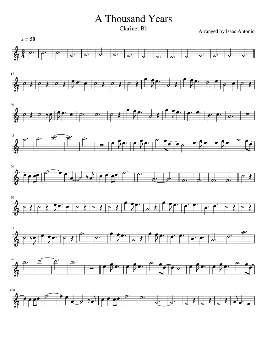 A Thousand Years Clarinet Bb sheet music for Piano ...
