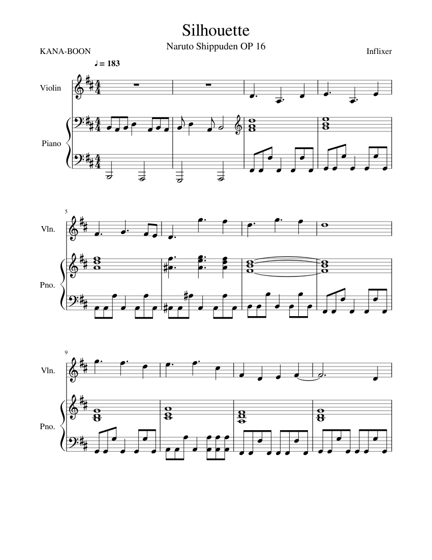 Naruto Shippuden Silhouette (Piano & Violin) sheet music for Piano, Bass download free in PDF