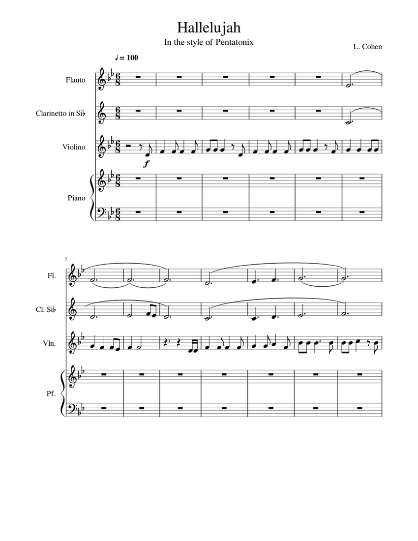 Hallelujah Sheet music for Flute, Clarinet, Violin, Piano | Download