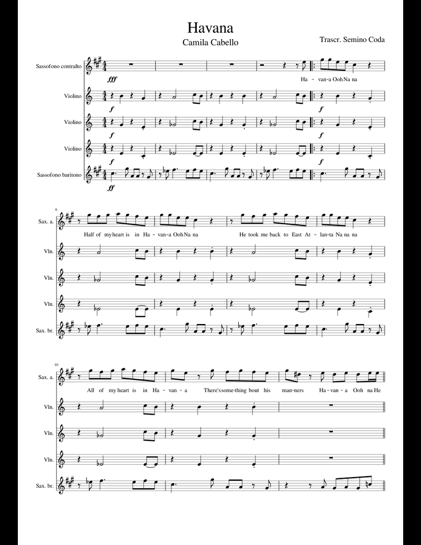 Havana - Camila Cabello sheet music for Violin, Alto Saxophone ...