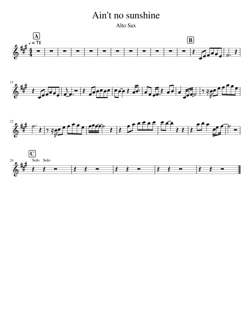 Ain t no sunshine sheet music for Alto Saxophone download free in PDF or MIDI
