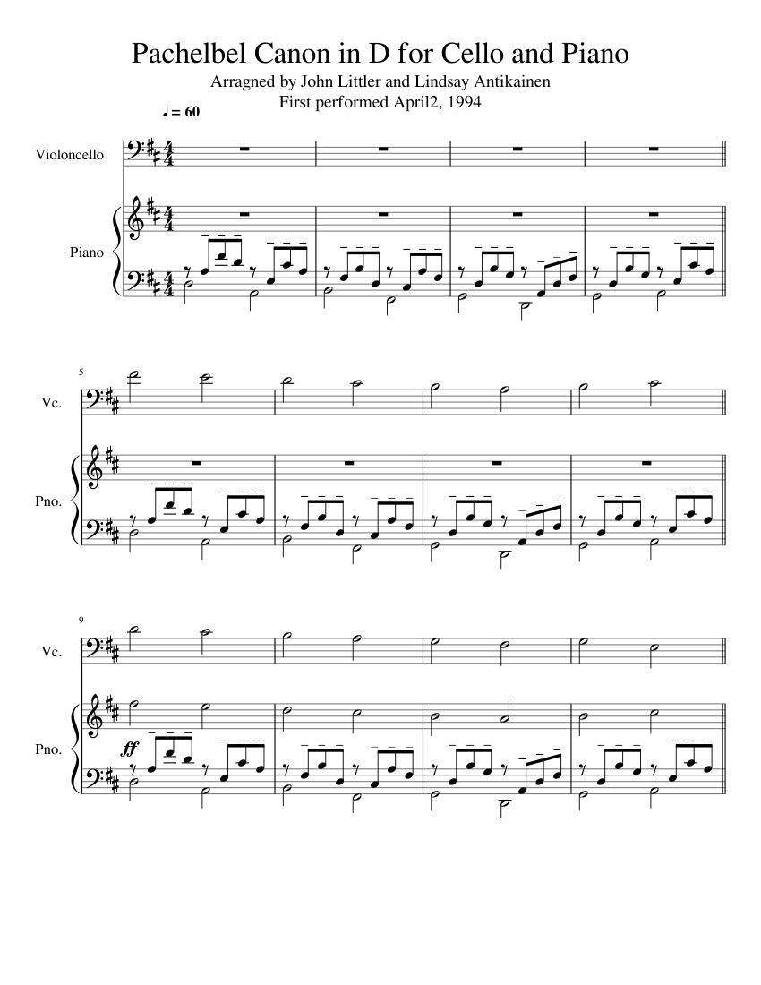 Pachelbel Canon in D for Cello and Piano sheet music for Piano, Cello