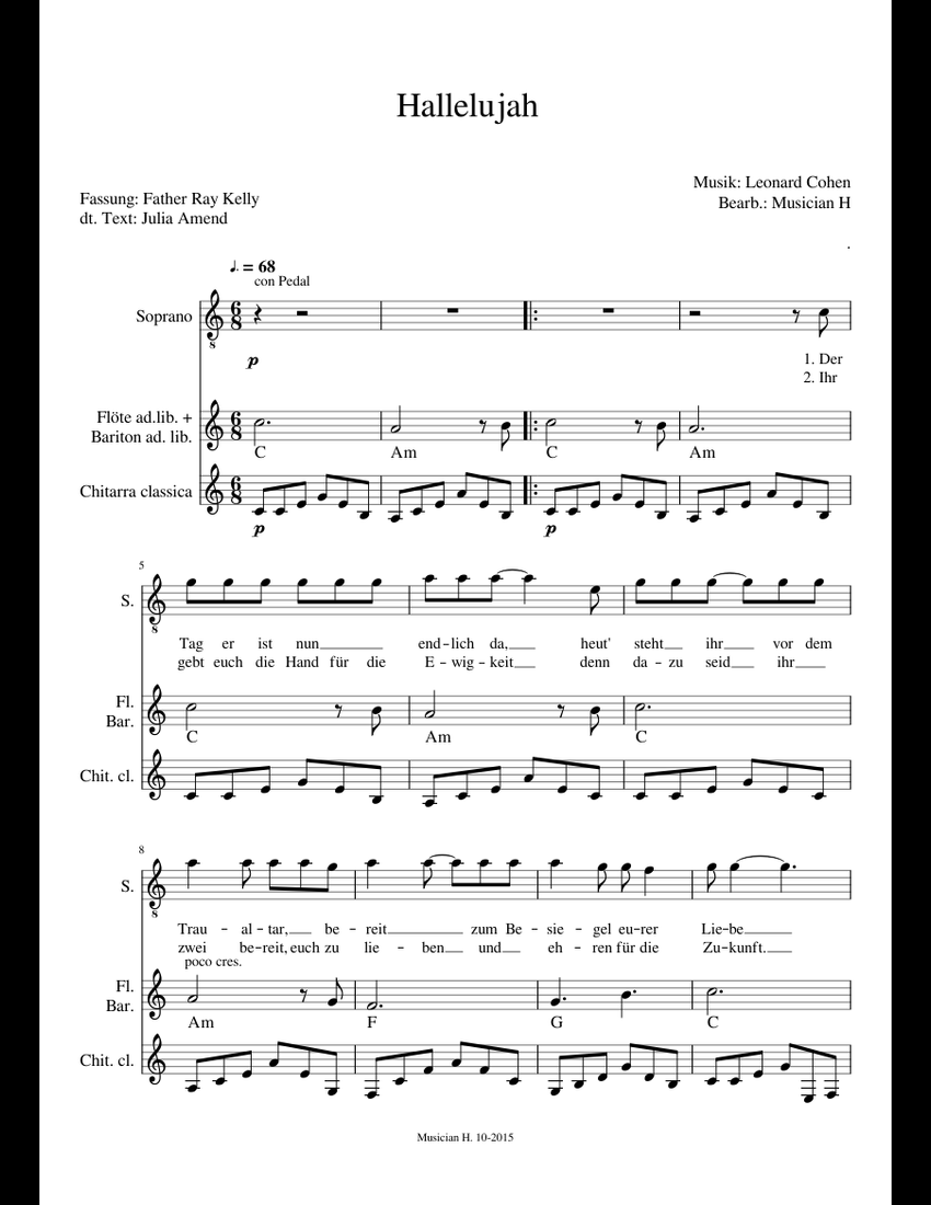 Hallelujah Leonard Cohen III edit sheet music for Flute, Voice, Guitar