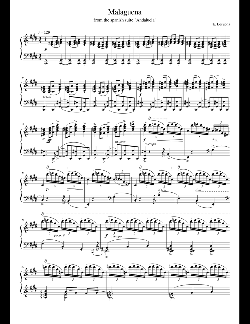 Malaguena by Ernesto Lecuona sheet music for Piano download free in PDF