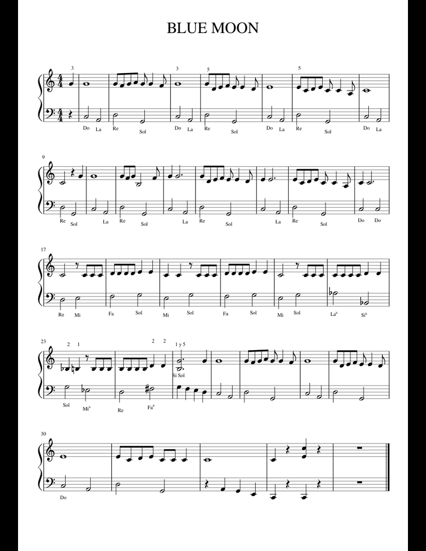 BLUE MOON sheet music for Piano download free in PDF or MIDI