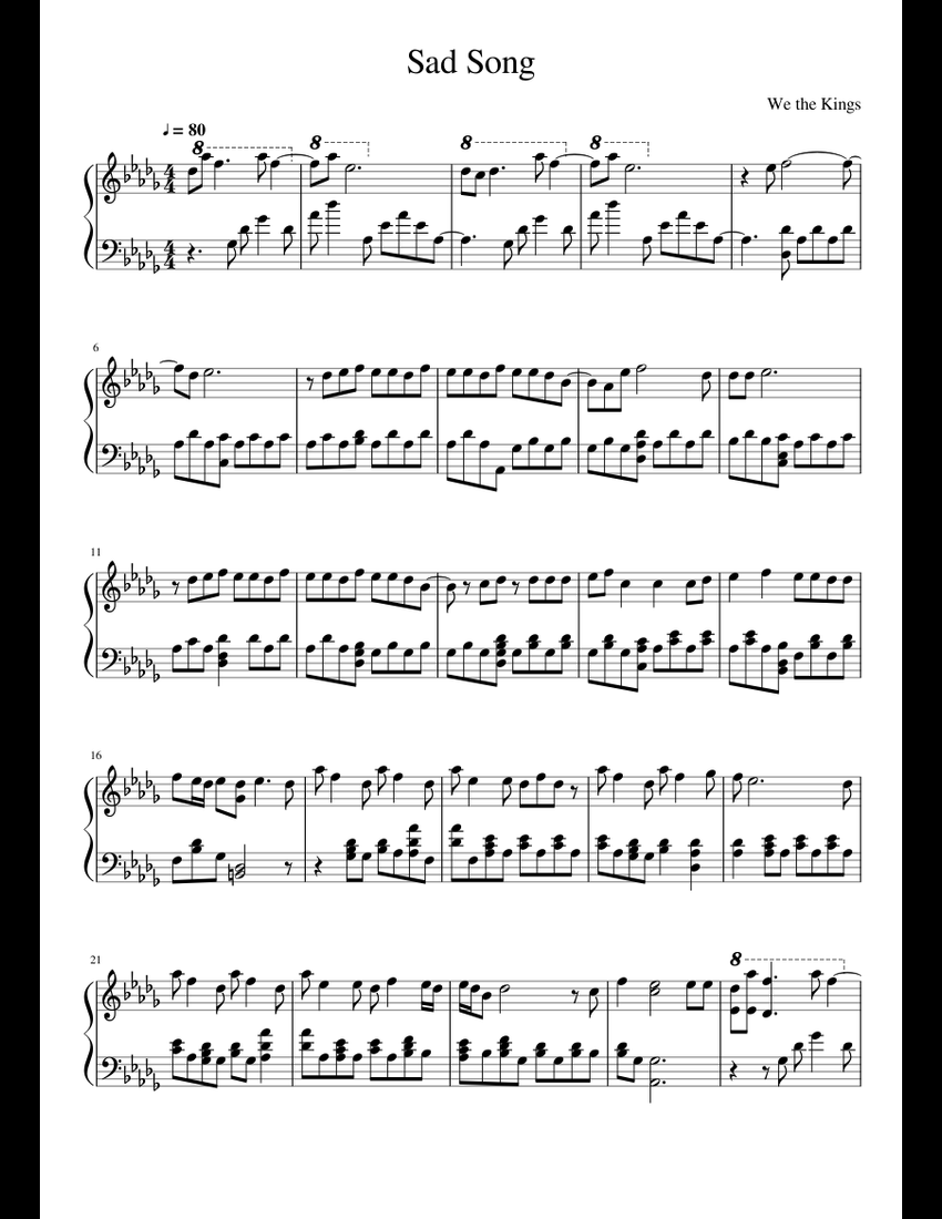 Sad Song we the kings sheet music for Piano download free in PDF or MIDI