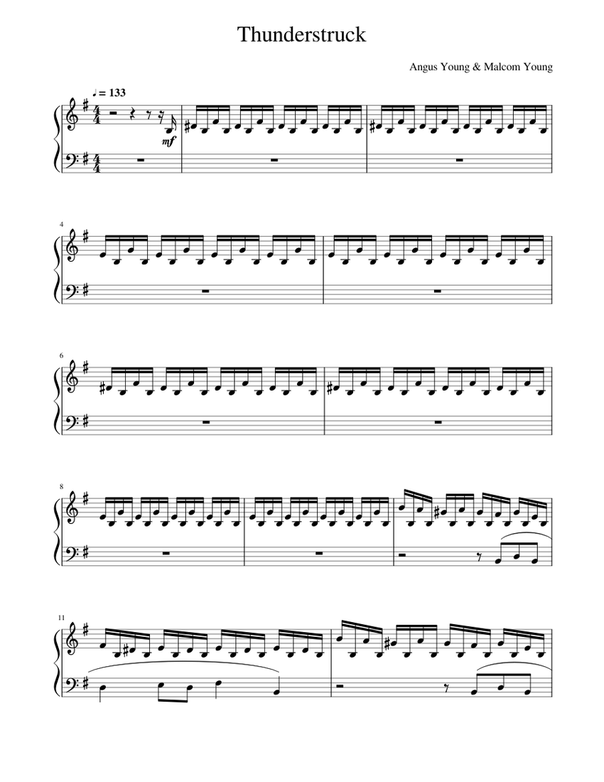 Thunderstruck Sheet Music For Piano Solo Musescore Com
