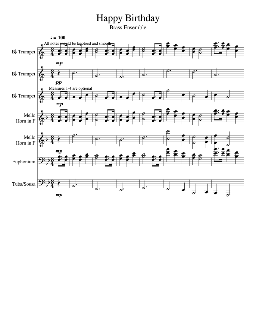 Happy Birthday sheet music for Trumpet, French Horn, Tuba download free