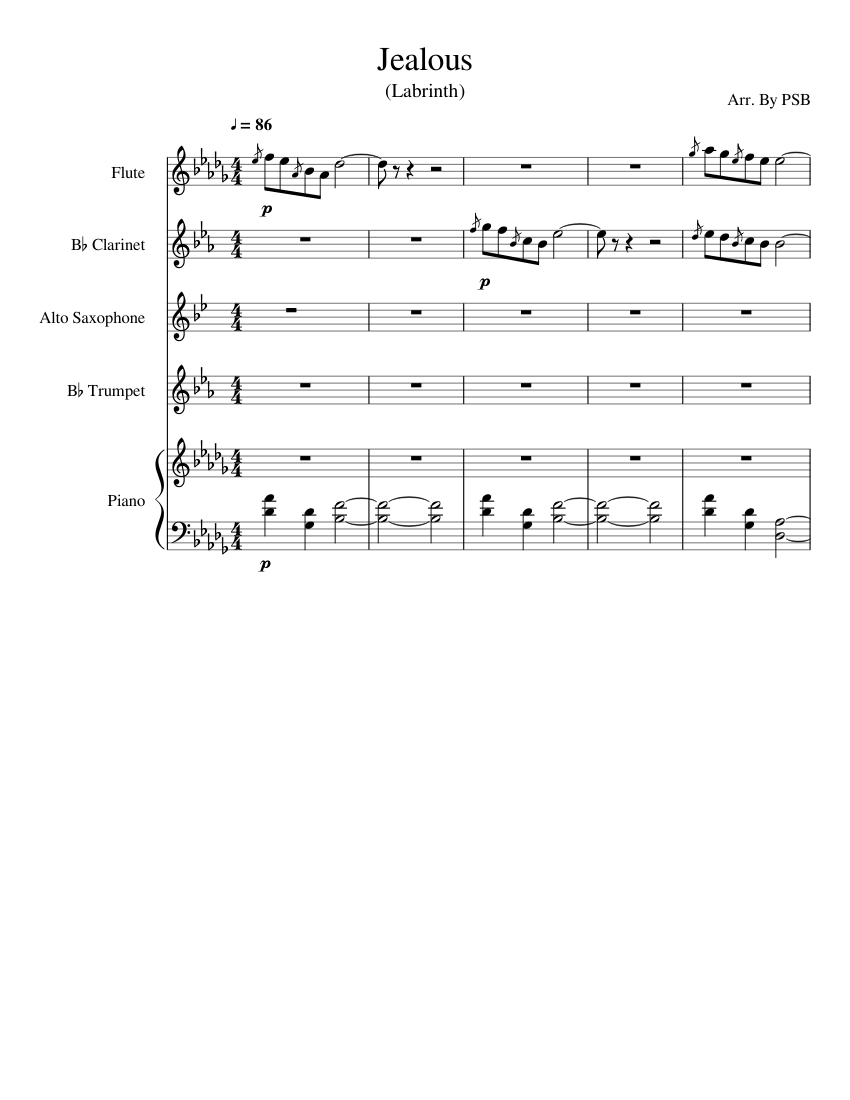 Jealous (Labrinth) sheet music for Flute, Clarinet, Piano, Alto