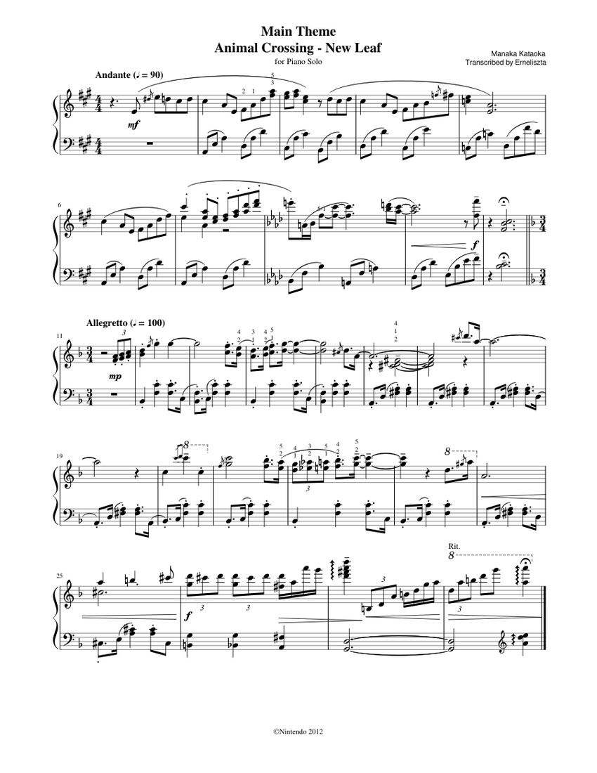 Main Theme - Animal Crossing New Leaf Sheet music for Piano | Download