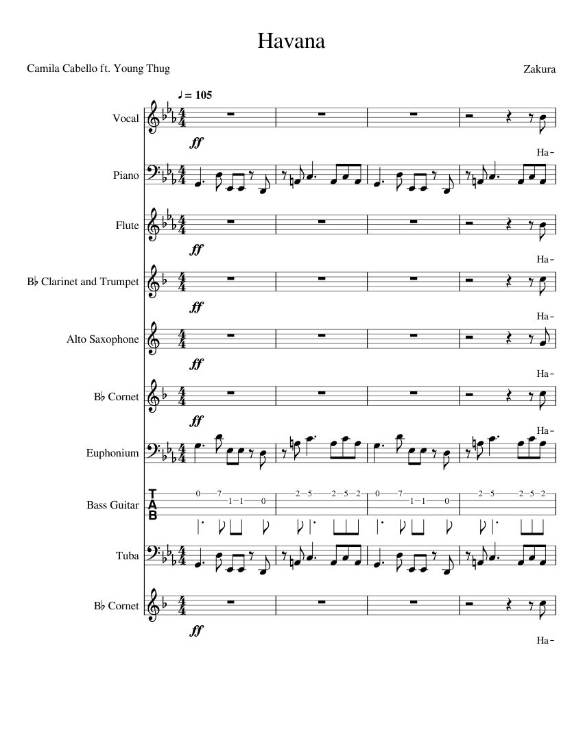 Havana easier Sheet music for Piano, Flute, Clarinet, Alto Saxophone ...
