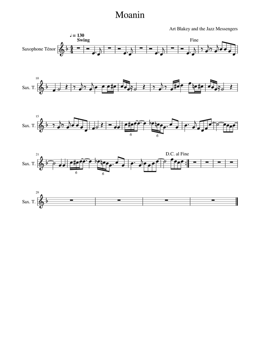 Moanin Sheet music for Saxophone (Tenor) (Solo