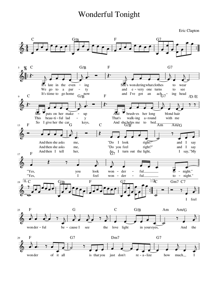 Wonderful Tonight Sheet music for Piano (Solo) | Musescore.com