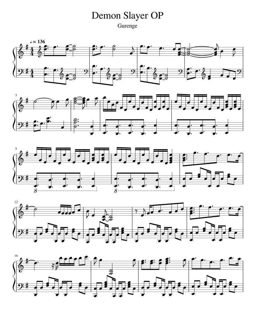 Demon Slayer OP Gurenge sheet music for Piano download free in PDF or MIDI