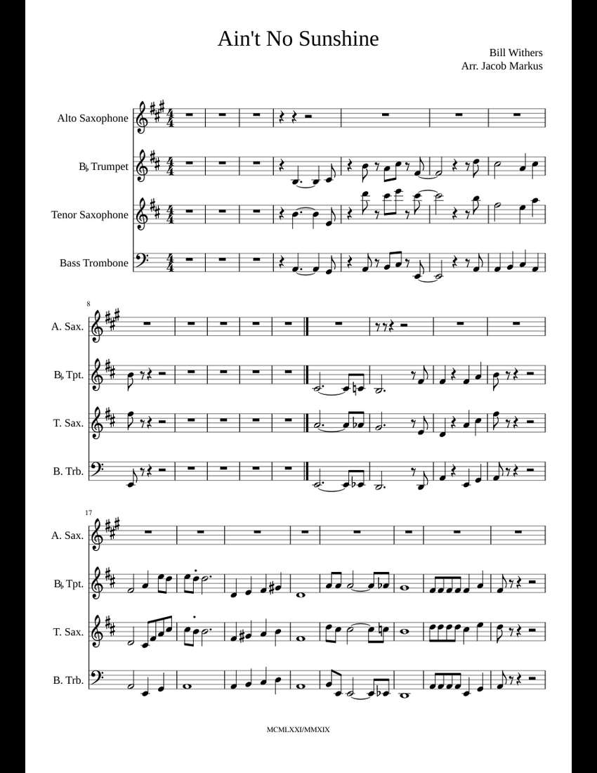 Ain't No Sunshine sheet music for Alto Saxophone, Trumpet, Tenor Saxophone, Trombone download