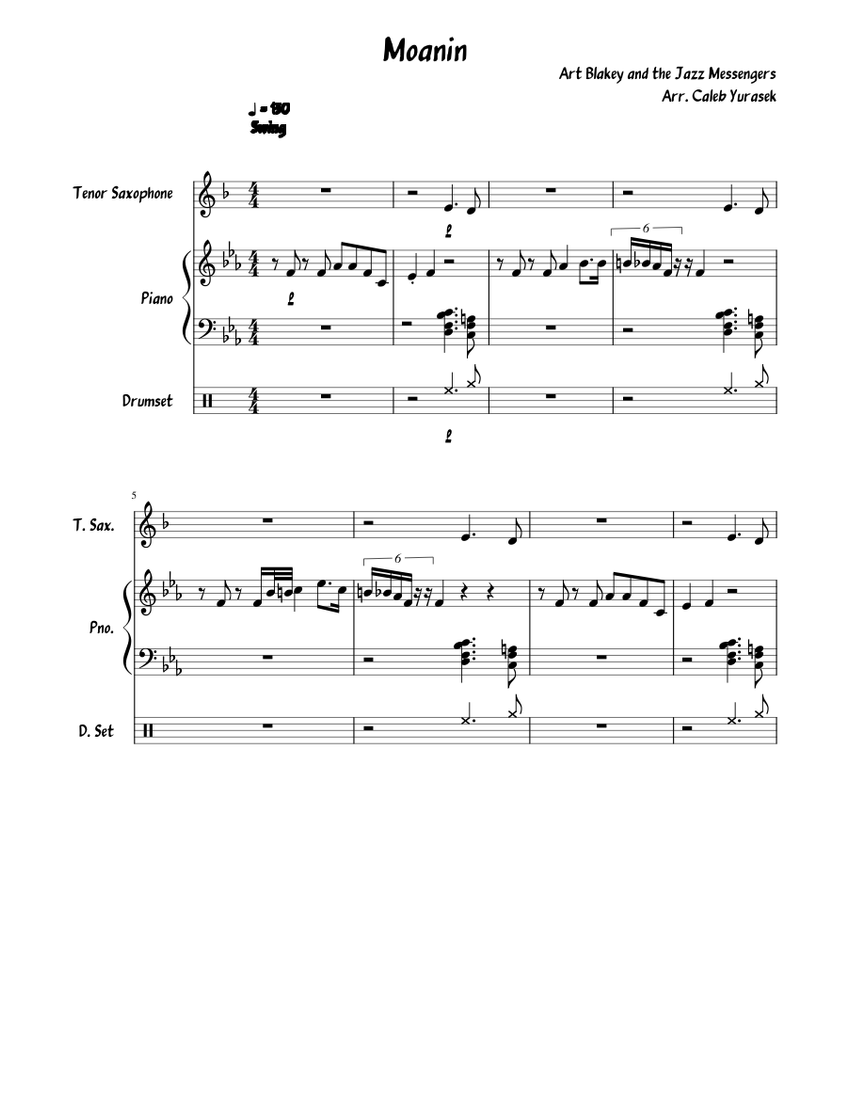 Moanin, transcribed by Caleb Yurasek Sheet music for Piano