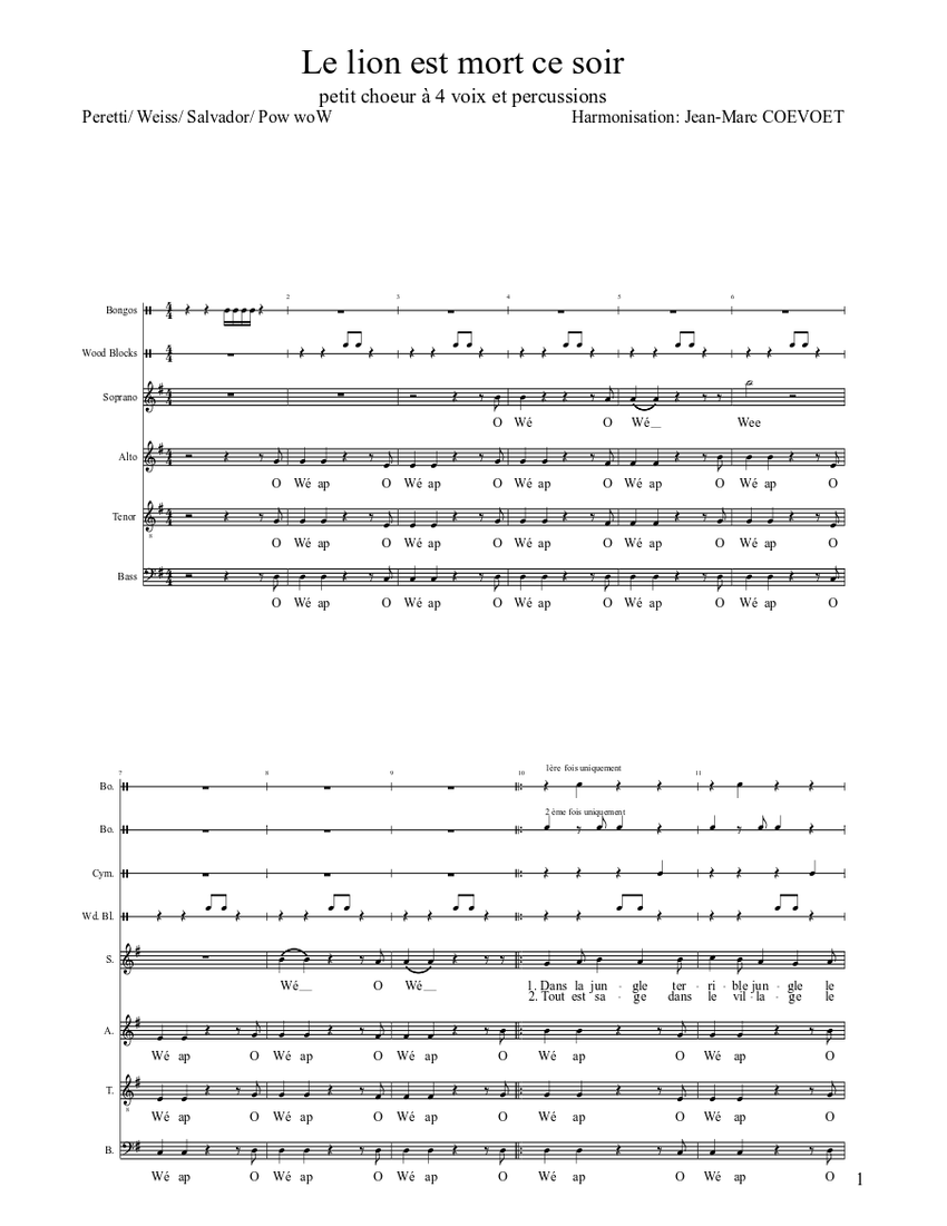Le lion est mort Sheet music | Download free in PDF or MIDI | Musescore.com - Parole Du Lion Est Mort Ce Soir